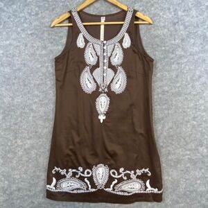 Uncle Frank Embroidered Sleeveless Mini Dress Paisley Brown Cotton Womens Medium